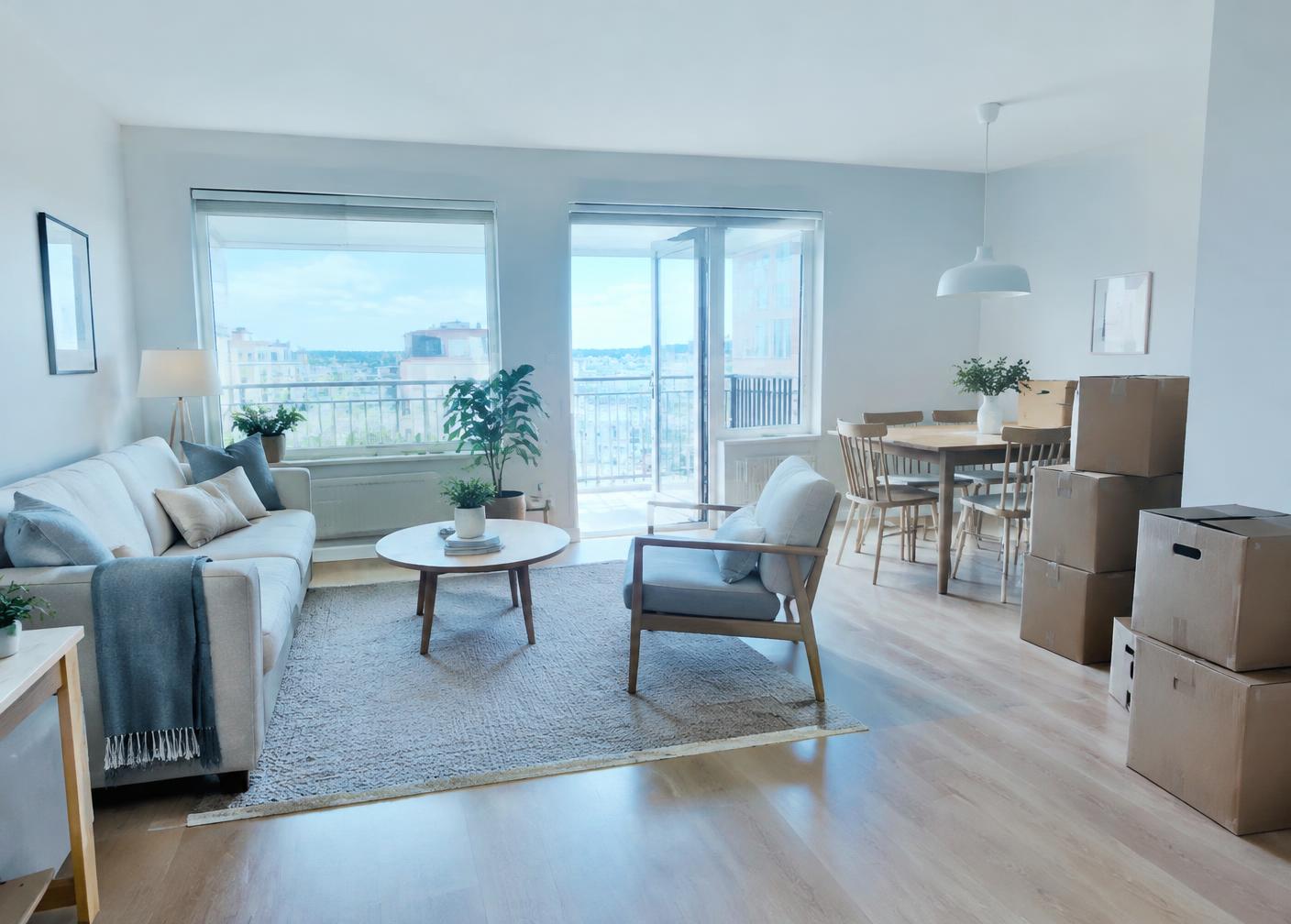 Living room with furniture and moving boxes ready to be measured